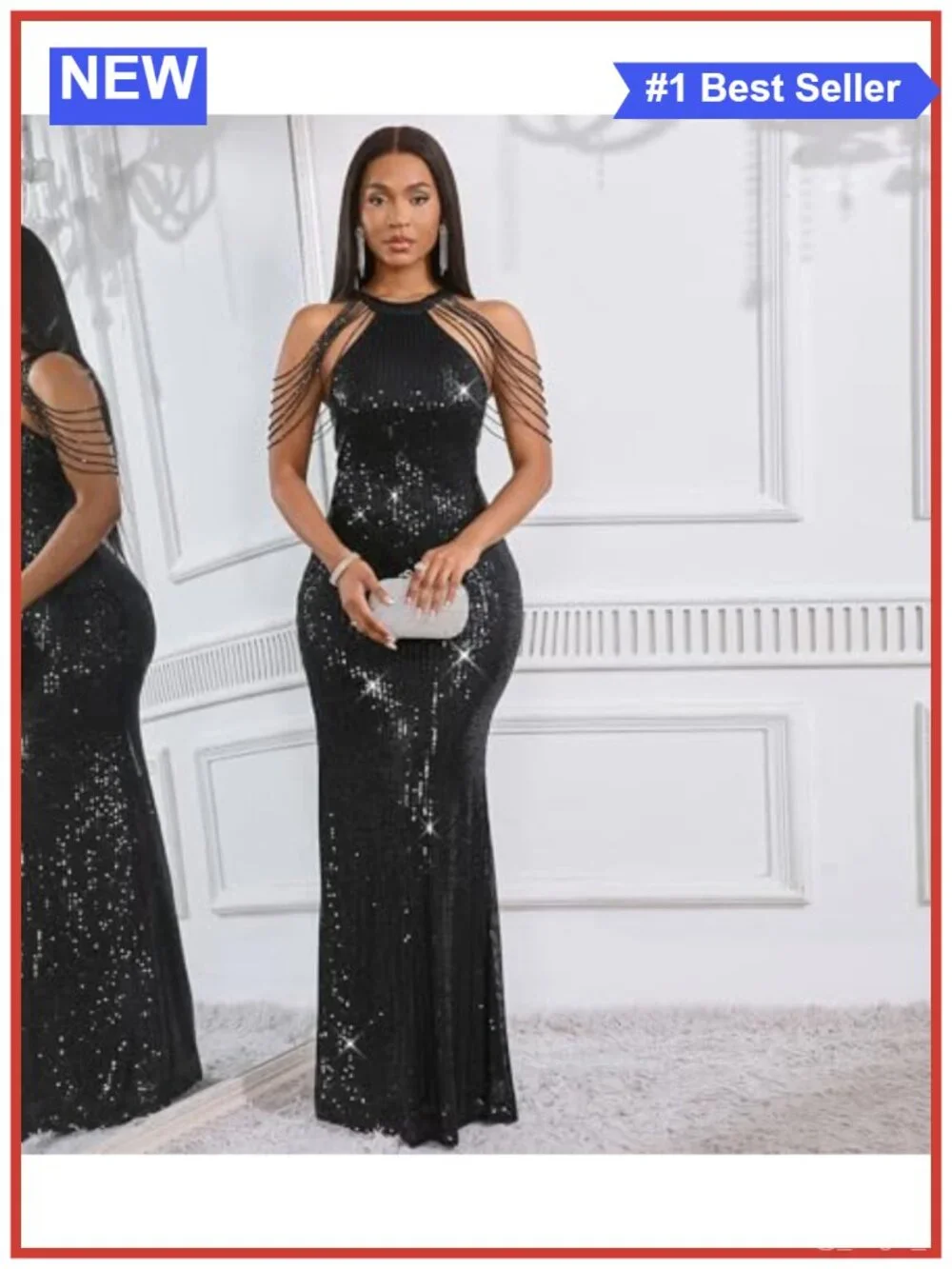 Sequined Halter Tassel Mermaid Formal Maxi Dress Evening Gown